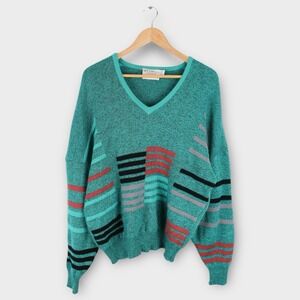 Vintage St. Croix Knits Sweater XL Green Geometric Stripe Pattern 80s 90s V-Neck